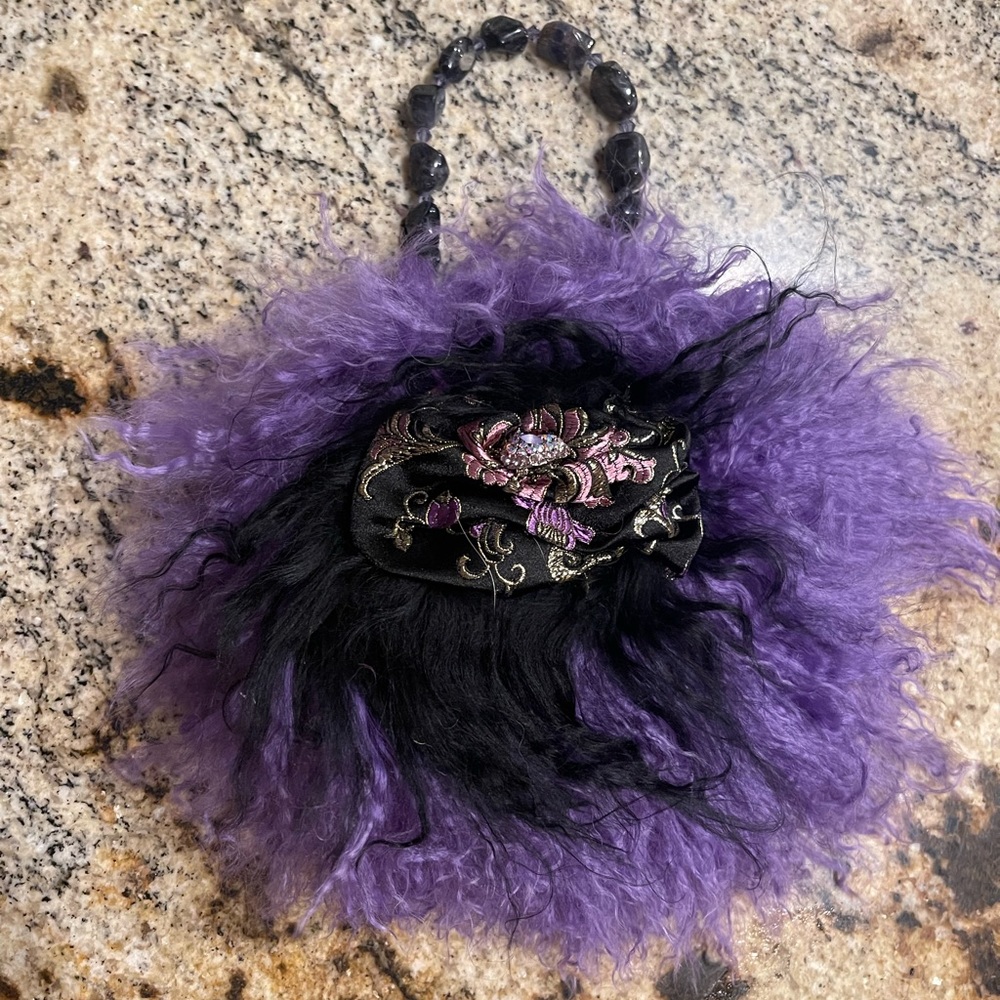 NWT - Custom Made. Genuine Tibetan Lamb with black & purple glass bead handle